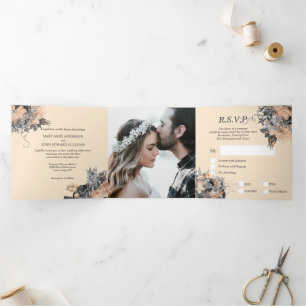 Butterfly summer peach silver rose wedding Tri-Fold invitation