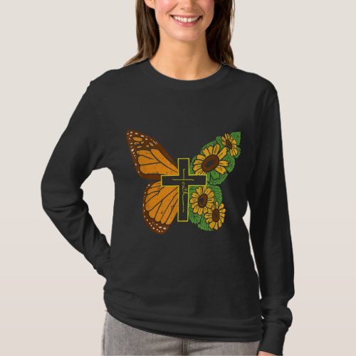 Butterfly Sunflower Cross Faith God Jesus Christia T_Shirt