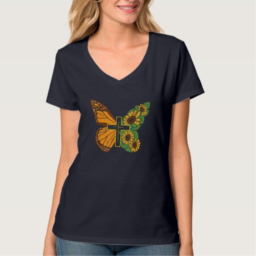 Butterfly Sunflower Cross Faith God Jesus Christia T_Shirt