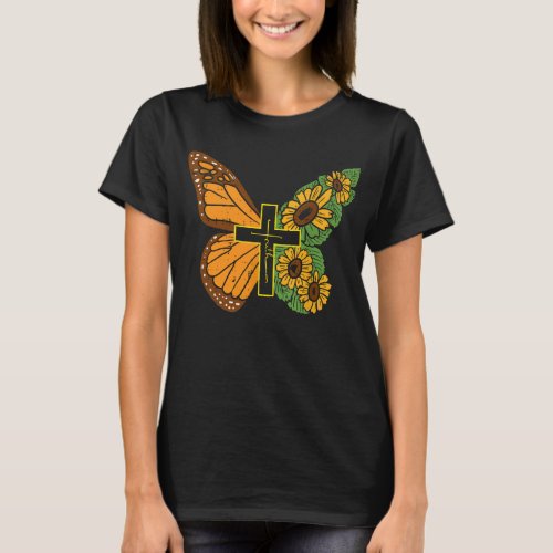 Butterfly Sunflower Cross Faith God Jesus   T_Shirt