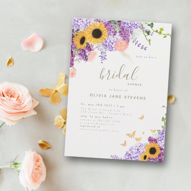 Butterfly Sunflower Lilac Rustic Bridal Shower Invitation (butterfly bridal shower invitation modern rustic sunflower hydrangea roses botanical floral elegant)