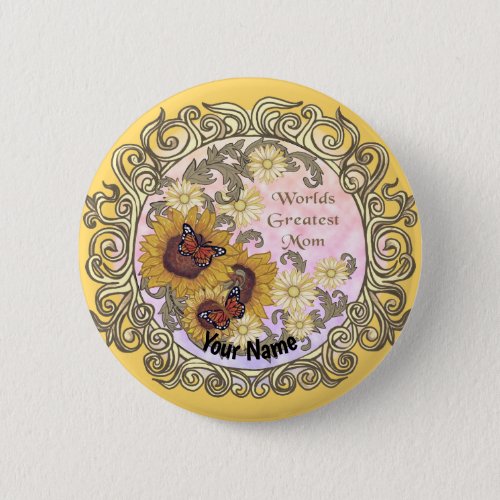 Butterfly Sunflower Mom custom name Button