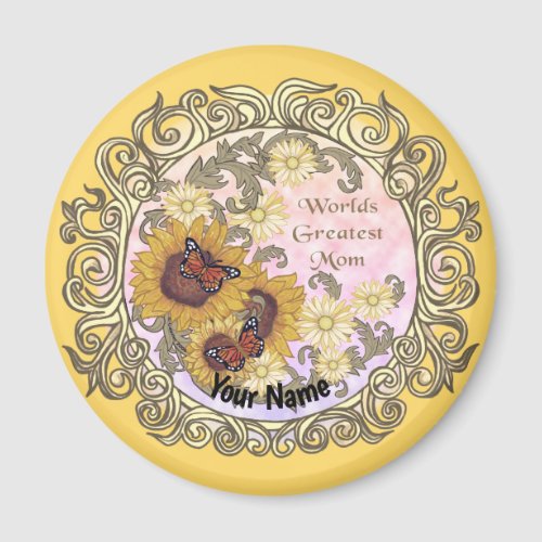 Butterfly Sunflower Mom custom name Magnet