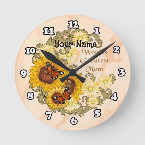 Butterfly Sunflower Mom Round Clock