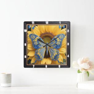 Butterfly Sunflower Nature Square Wall Clock