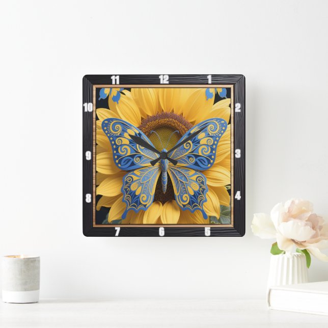 Butterfly Sunflower Nature Square Wall Clock (Home)