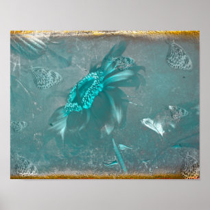 Butterfly Sunflower Teal Gold Vintage Antique Poster