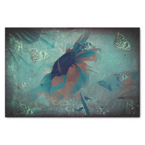 Butterfly Sunflower Teal Sepia Vintage Antique Art Tissue Paper