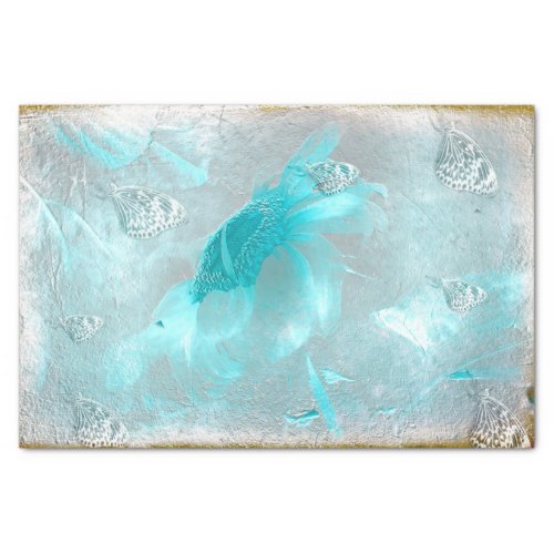 Butterfly Sunflower Teal Silver Vintage Antique Tissue Paper