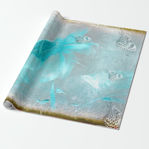Butterfly Sunflower Teal Silver Vintage Antique Wrapping Paper