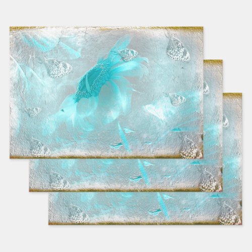 Butterfly Sunflower Teal Silver Vintage Antique Wrapping Paper Sheets