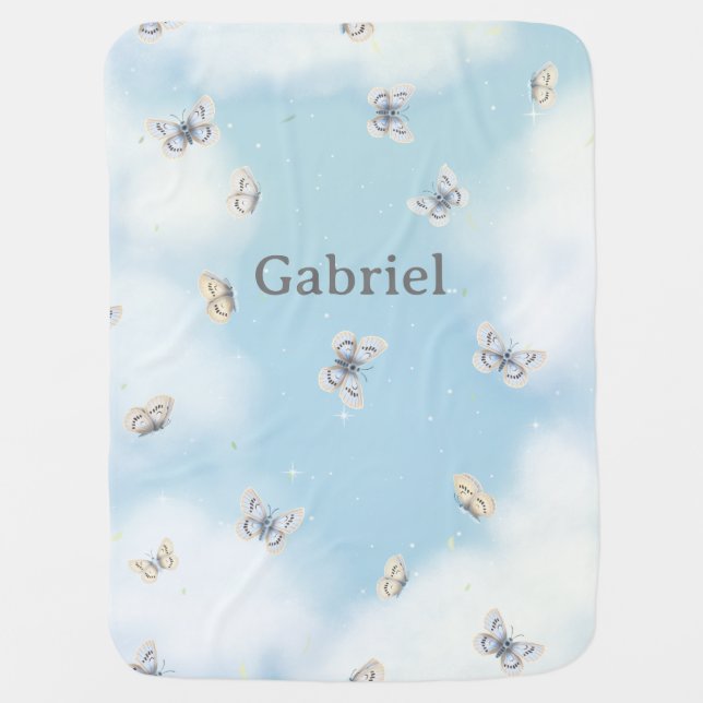 Butterfly Swarm in Dreamy Blue Sky Personalized Baby Blanket (Front)