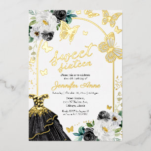 Butterfly Sweet Sixteen Black Dress Gold Foil Invi Foil Invitation