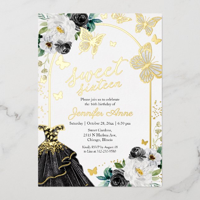 Butterfly Sweet Sixteen Black Dress Gold Foil Invi Foil Invitation (Front)