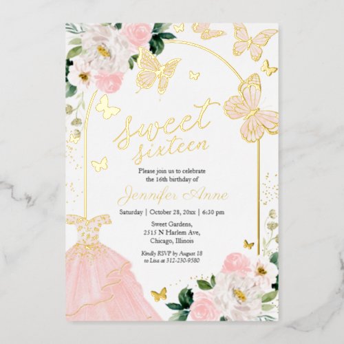 Butterfly Sweet Sixteen Blush Floral Dress Gold Foil Invitation