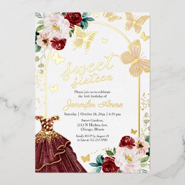 Butterfly Sweet Sixteen Burgundy Marsala Dress Foil Invitation (Front)
