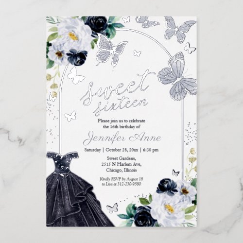 Butterfly Sweet Sixteen Dark Blue Dress Silver Foil Invitation