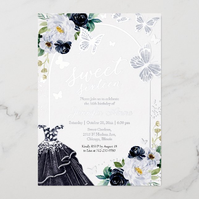 Butterfly Sweet Sixteen Dark Blue Dress Silver Foil Invitation (Front)