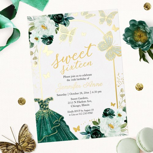 Butterfly Sweet Sixteen Emerald Green Dress Gold Foil Invitation