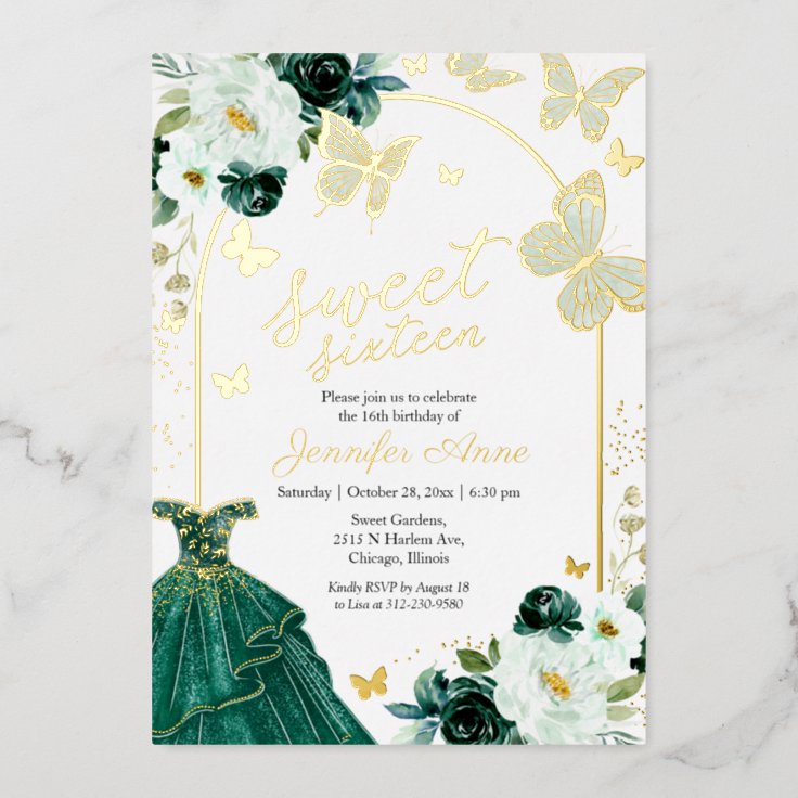 Butterfly Sweet Sixteen Emerald Green Dress Gold Foil Invitation Zazzle