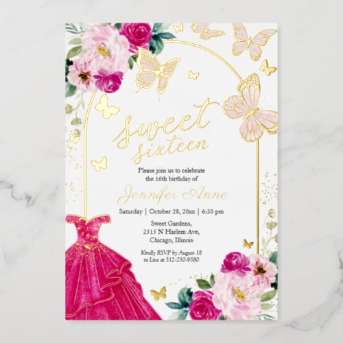 Butterfly Sweet Sixteen Hot Pink Dress Gold Foil Invitation