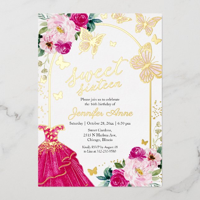 Butterfly Sweet Sixteen Hot Pink Dress Gold Foil Invitation (Front)