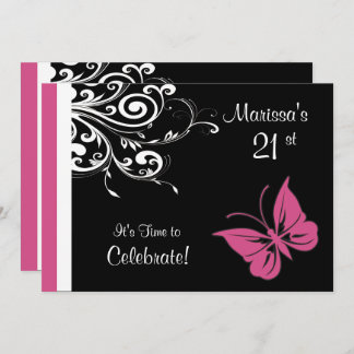Butterfly Swirls Cranberry Pink Birthday Party Invitation