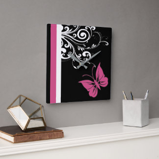 Butterfly Swirls Cranberry Pink Square Wall Clock