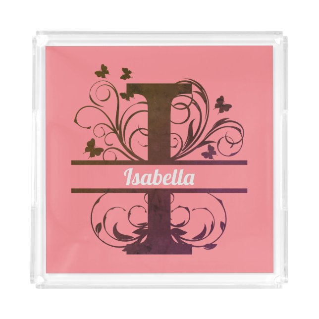 Butterfly Swirls Monogram Letter I Customizable Acrylic Tray (Front)