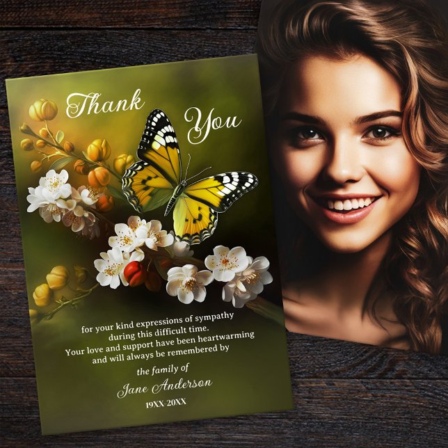 Butterfly Sympathy Photo Thank You Card (Sympathy Thank You card featuring a painting of a butterfly and a custom photo - in loving memory)