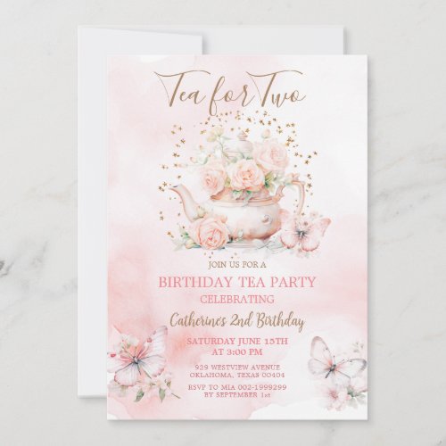 Butterfly Tea For Two Pink Tea Party Birthday  Invitation