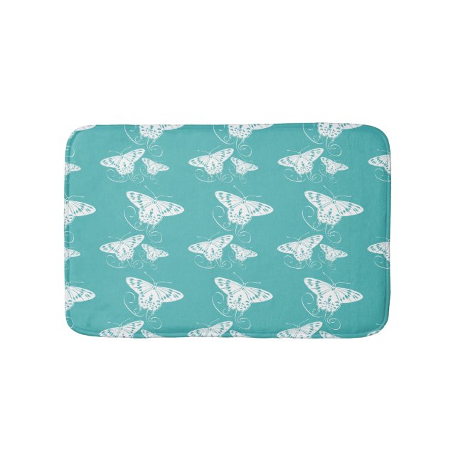 Butterfly Teal And White Pattern Bathroom Mat (Front)