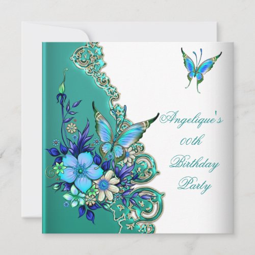 Butterfly Teal Blue Floral Gold White Party Custom Invites
