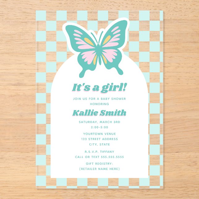 Butterfly Teal Checkerboard Girl Baby Shower Acrylic Invitations (Front)