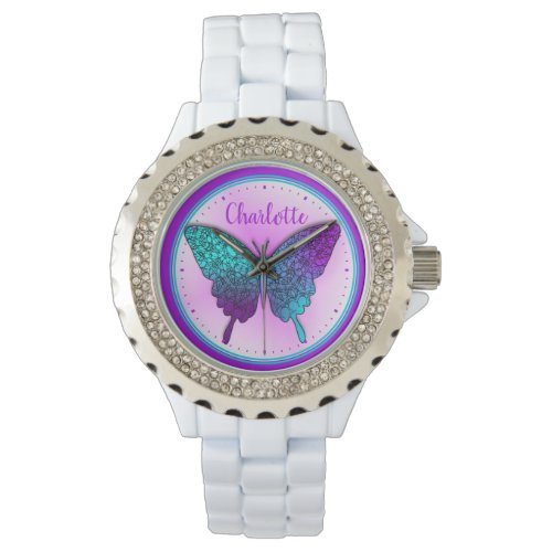 Butterfly Teal Purple Ombre Cute Personalized Watch