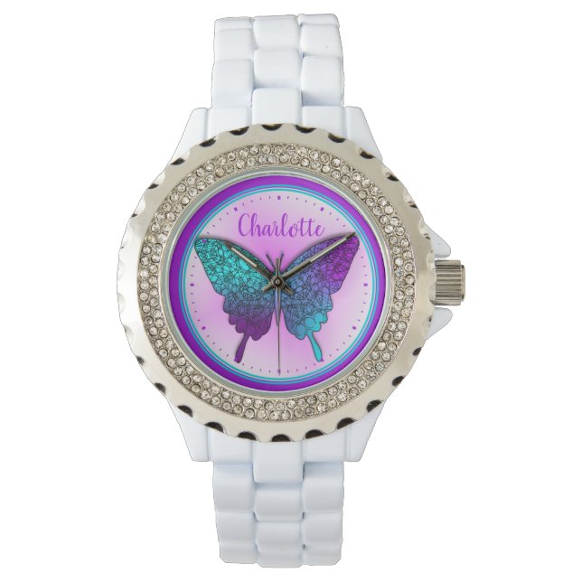 Butterfly Teal Purple Ombre Cute Personalized Watch (Front)