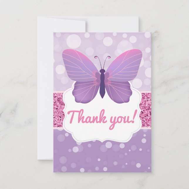 Butterfly Thank You Card Boho Purple Pink Glitter (Front)