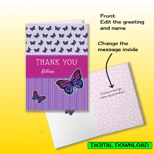 Butterfly thank you custom name modern card