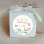 Butterfly Thank You For Fluttering By Party Favor Classic Round Sticker<br><div class="desc">Sweet birthday party favor sticker featuring a pink butterfly with faux gold embellishments. There is a flower garden at the bottom. The text says "thank you for fluttering by."</div>