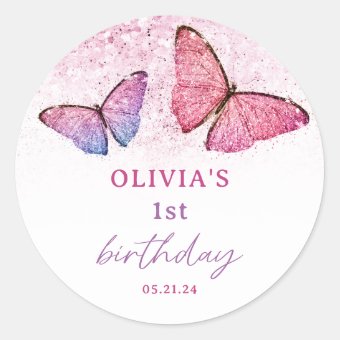 Butterfly Theme 1st Birthday Party Favor Classic Round Sticker | Zazzle