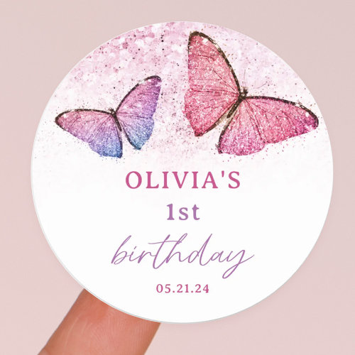Butterfly Theme 1st Birthday Party Favor Classic Round Sticker