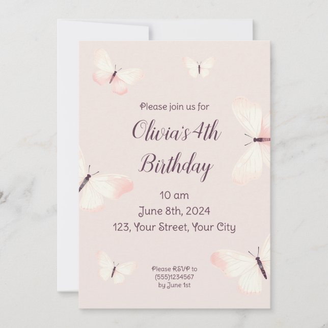 Butterfly Theme Birthday Invitation (Front)