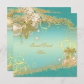 Butterfly theme gold teal elegant invitation (Front/Back)