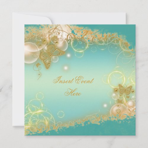 Butterfly theme gold teal elegant custom invite