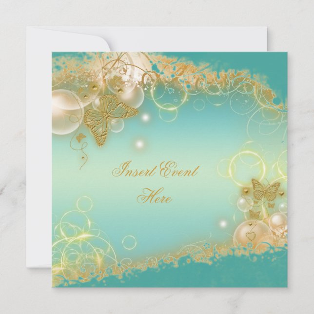Butterfly theme gold teal elegant invitation (Front)