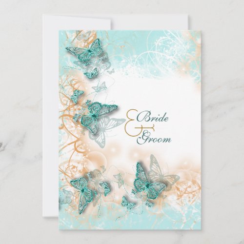 Butterfly theme wedding aqua gold custom invites