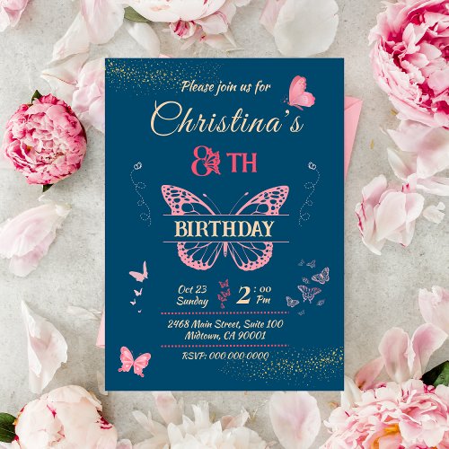 Butterfly themed 8th birthday blue color  invitation