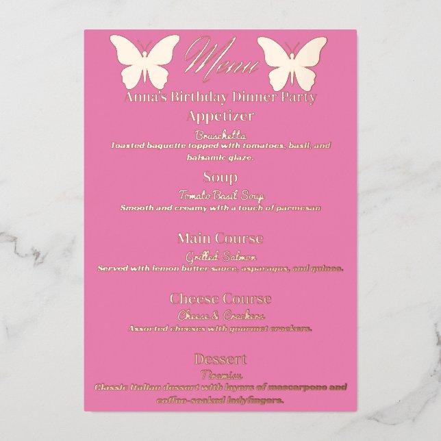 Butterfly-Themed Birthday Dinner Party Menu (Front)