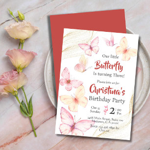 Butterfly themed cute bliss modern 3rd birthday invitation