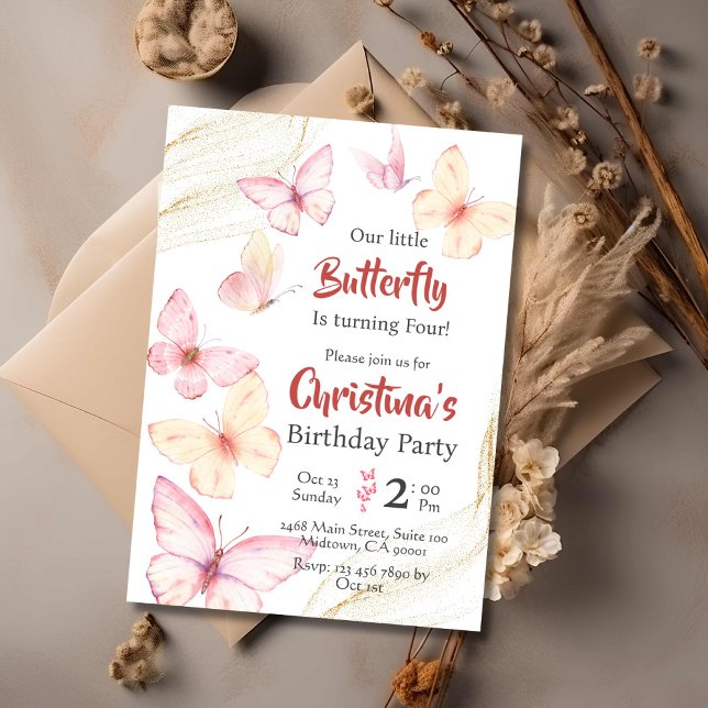 Butterfly themed cute bliss modern 4th birthday   invitation (Front )